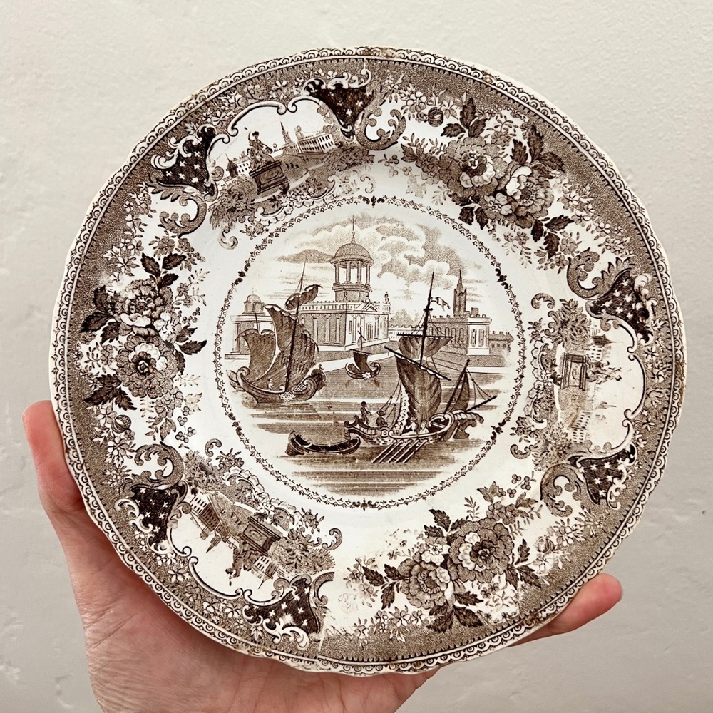 Set 4 Antique English Transferware Gondola Boat Brown White Scallop Plates 1830s
